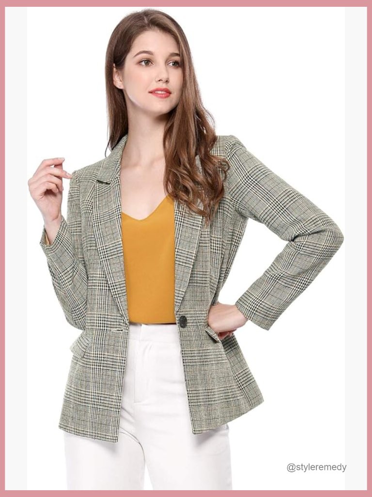 Notched Lapel One Button Houndstooth Boyfriend Blazer Blazer Suit Work Jacket